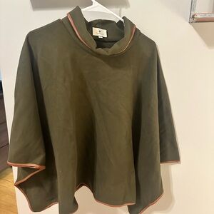 Olive Green Poncho with Brown Trim